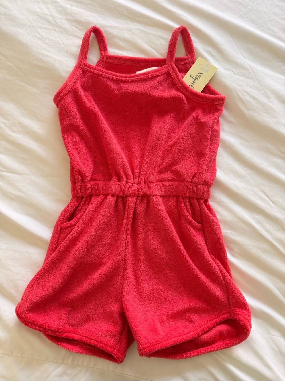 New With Tags: Girls Terry Romper in Bright Red. Size: 4T